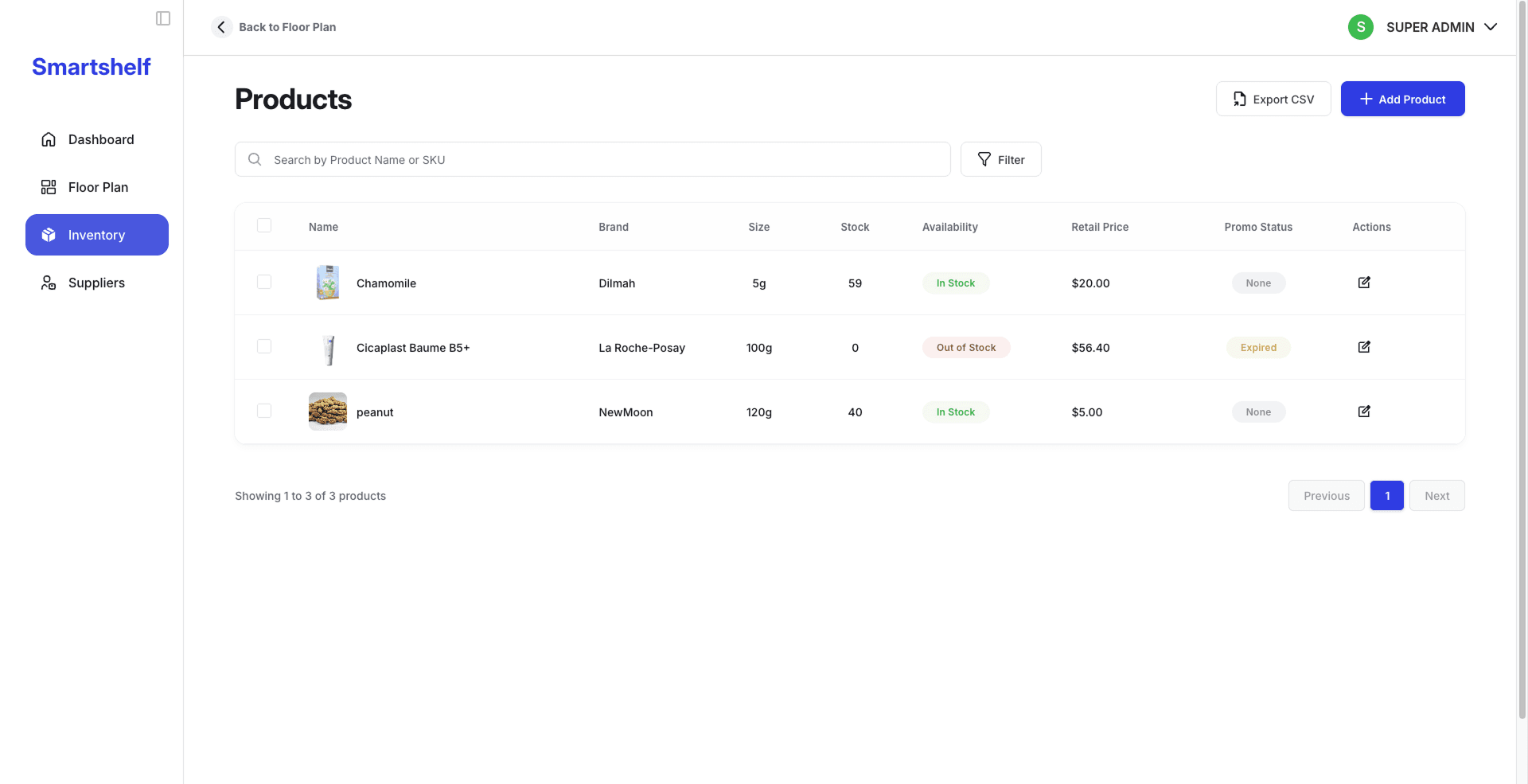 Smart Shelf dashboard interface
